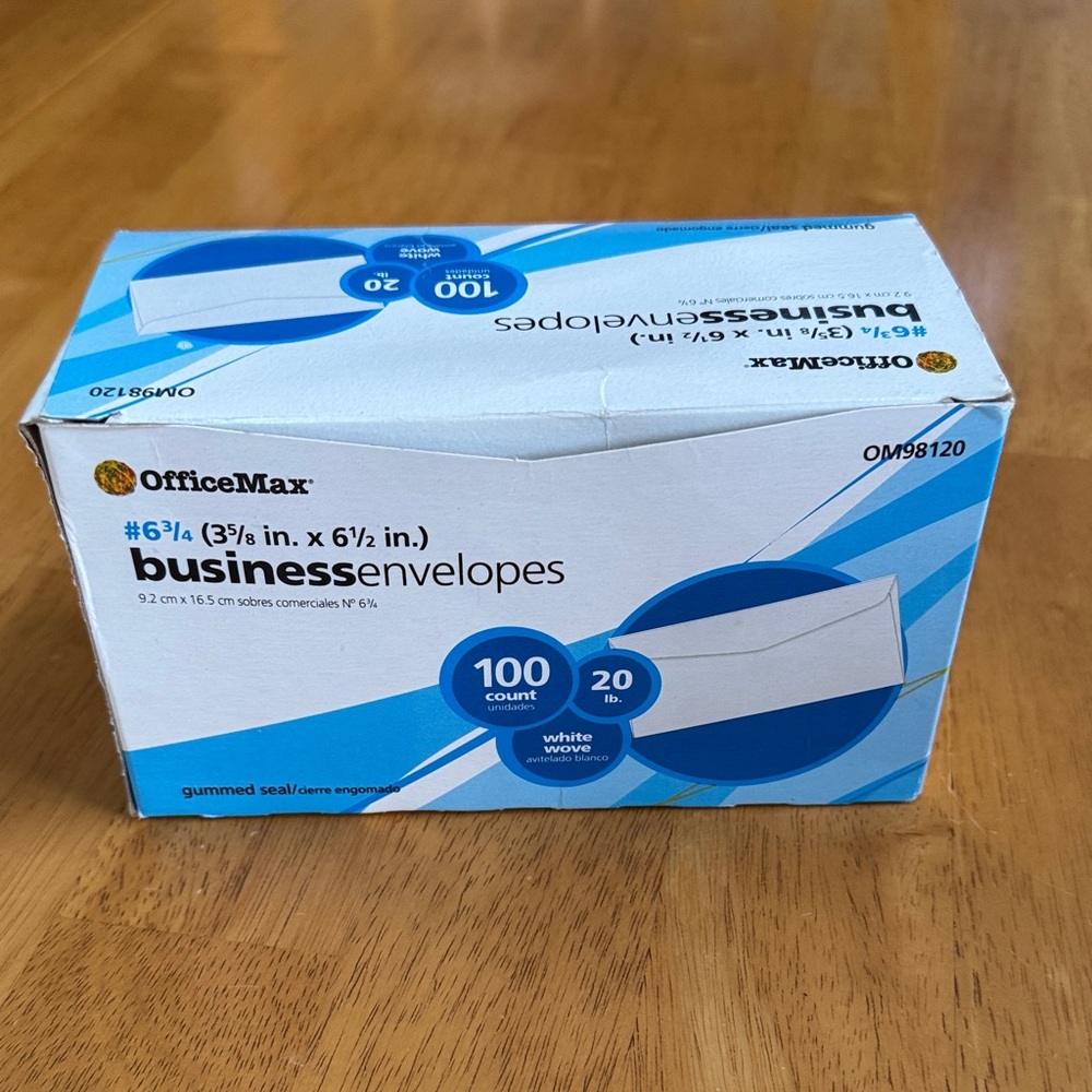 New Full Box OfficeMax Business Envelopes 100 Count